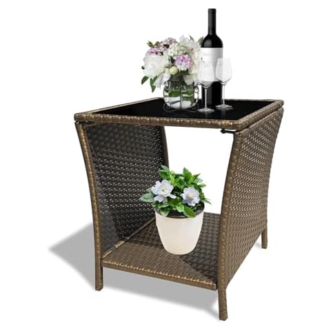 JSUN7 Outdoor Wicker Side Table - Rattan Outdoor Side Tables for Patio, Square Wicker Patio Table, Outdoor End Tables with Storage and Glass Top for Outside, Courtyard, Balcony, Gold Cover