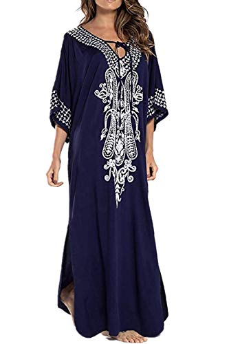 LikeJump Femmes Coton Robe Grande Taille Eté Caftan Longue Kimono Bikini Cover-Up Plage Tunique Maillot de Bain