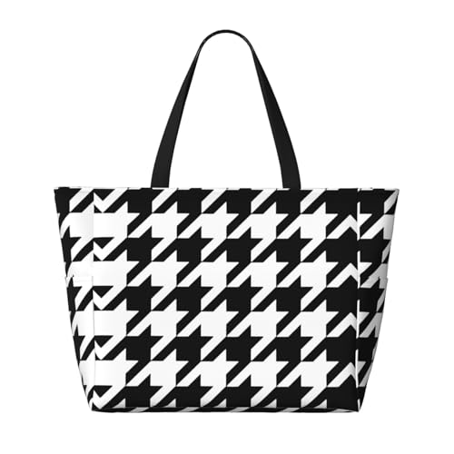 Houndstooth Black Print Roomy Beach Tote Bag For Women, Large Travel Bag For Weekend Travel,Pool2