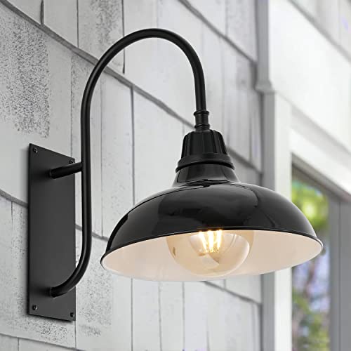 Image of JONATHAN Y 12.25 inch Black 1-Light Farmhouse Gooseneck Outdoor Wall Sconce Lamp, with Black Metal Bowl Shade, Industrial Iron LED Porch Light for Patio Garage Entryway (JYL7614B)
