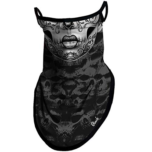 Obacle Bandana Face Mask With Ear Loops Neck Gaiter Face Mask Scarf Face Cover For Men Women (Skull Flower Face Gray Lip) #TOP2