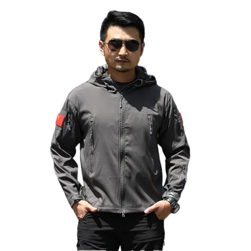 Chaqueta de senderismo para hombre, chaqueta táctica resistente al viento, chaqueta softshell con capucha, gris, M