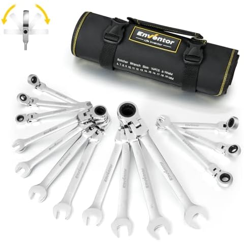 Enventor Gelenk-Ratschenschlüssel Set, 14Tlg, 6-19mm, Ringmaulschlüssel, Gabelschlüssel-Ringmaul-Schlüssel-Set, 72 Zähnen, 5° Schwenkbereich, Chrom-Vanadium-Stahl, Oxford-Tasche, Silber Cover