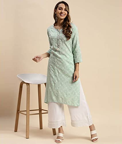 Image of rangita Mint Green Rayon Calf Length Printed Straight Kurti for Women | Kurta for Women