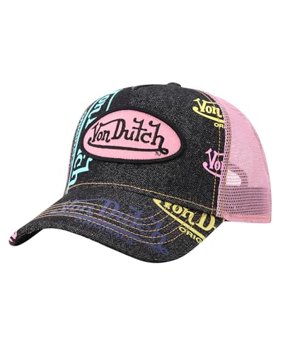Image of Von Dutch Monogram Trucker Cap - Retro Snapback Cap for Men and Women - Adjustable Snap Fit Panel, Mesh Rear, Curved Bill