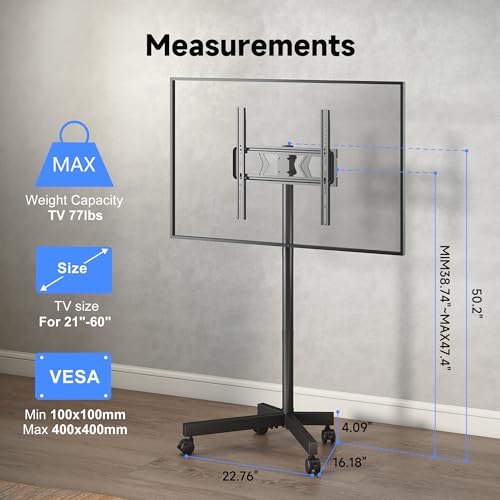 Image of XINLEI Mobile TV Stand on Wheels for Most 21-60 Inch Flat /Curved Screens TVs, Height Adjustable Rolling TV Cart, up to 77 lbs, Max VESA 400x400, ML55SE