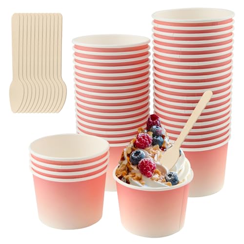 Vaskula 50 Pièces Pot Glace 240ML Ice Cream Cup avec Cuillère Bol Dessert Épaissis Tasse en Papier Couleur de Dégradé Rose Gobelets à Gâteau pour Glace...