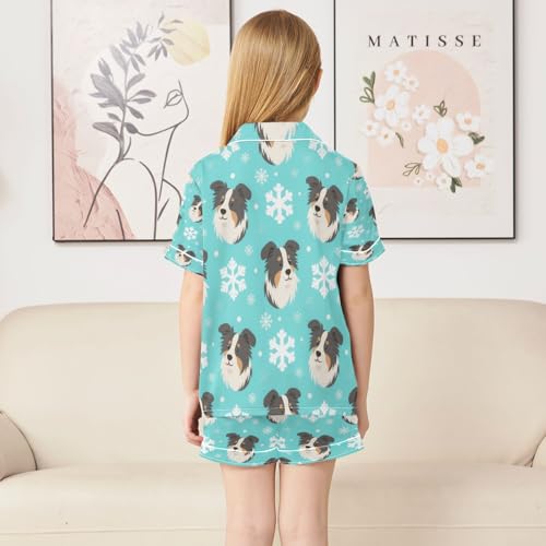 Satin Pajama Sets Short Sleeve Dog Faces Snowflakes Pattern Button Down Silky Nightwear 2 Piece PJS 5-14Y4