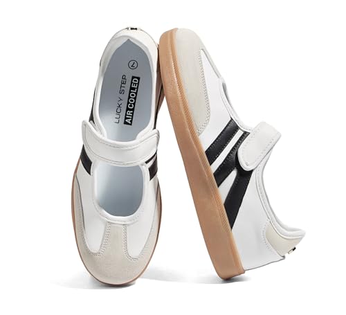 LUCKY STEP Women's Classic Retro Fashion Sneakers Gum Thin Sole Casual Tennis Slip on Flat Loafers Skate Walking Shoes Hook and Loop Footwear(White/Black,7)