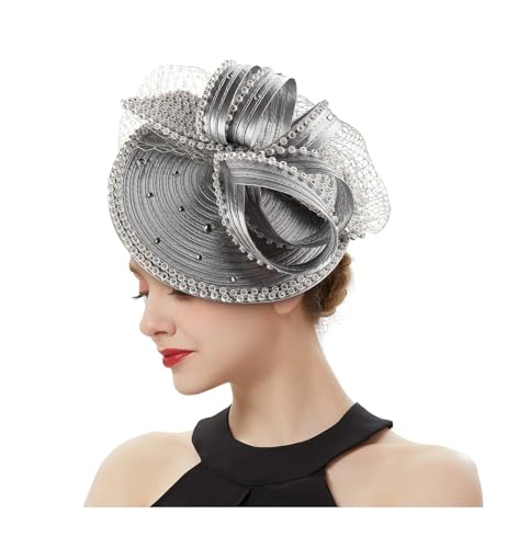 Women Satin Fascinator Fashion Hair Rhinestone Tea Party Dress Hat Church Hat With Veil Silver One Size