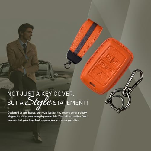 Image of Keyzone Royal Leather Key Cover for XF XJ XE F-PACE F-Type Evoque Velar Discovery LR4 Sport 5 Button smart Key (Sunburst Orange)