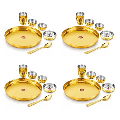 Image of Classic Steels Buffet Gold Hammered Stainless Steel Dinner Set (24 Pieces) Thali Set with 4 Dinner Plates, 8 Bowls, 4 Side Plates, 4 Glasses & 4 Spoons Food-Grade Tableware for Home Use & Gifting