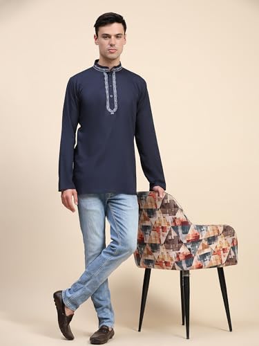 Image of SKAVIJ Men's Cotton Embroidered Kurta Shirt - Long Sleeve Traditional Indian Tunic for Casual