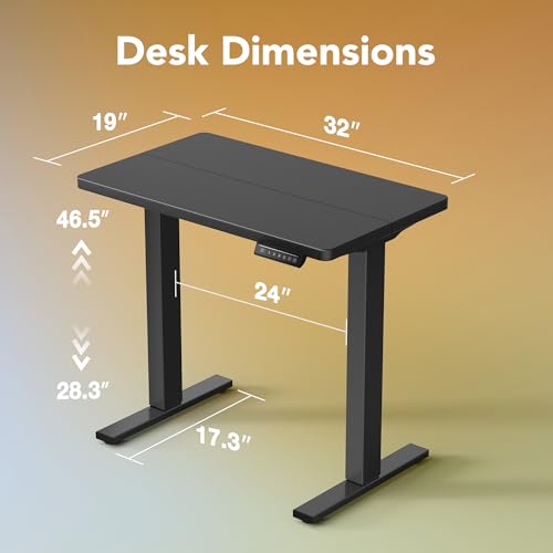 Image of HUANUO 32x19 Inch Small Electric Standing Desk, Adjustable, Black | Compact Home Office Desk, 176lbs Heavy Duty Lifting with 4 Height Presets. M8 Screw Holes Ready for DIY Mobile Wheels