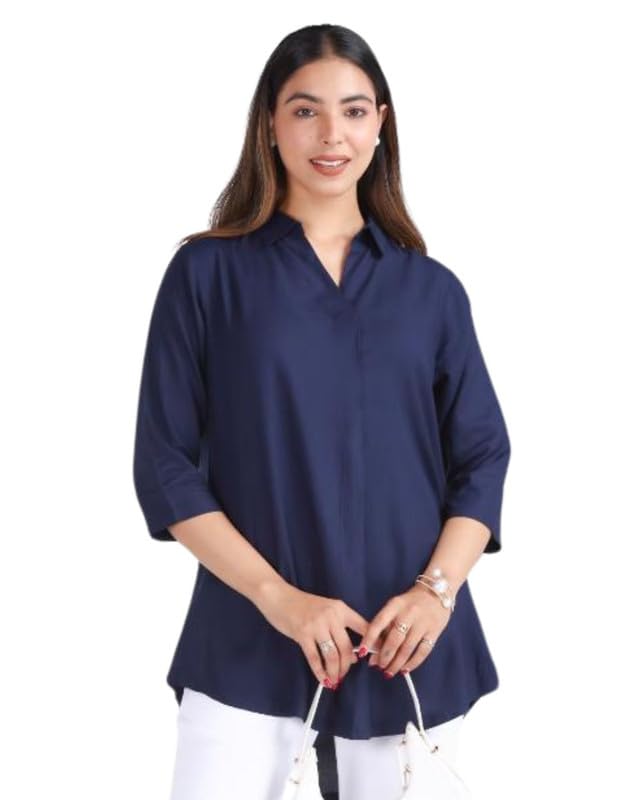 Image of Mlada Rayon Flare Top for Women | 3 /4th Sleeve Regular Fit and Flare Top | Women Office Tops Tunic | Western Long Shirt Top for Women | Shirt Collar Top for Women | Rayon Tunic Tops for Women Western