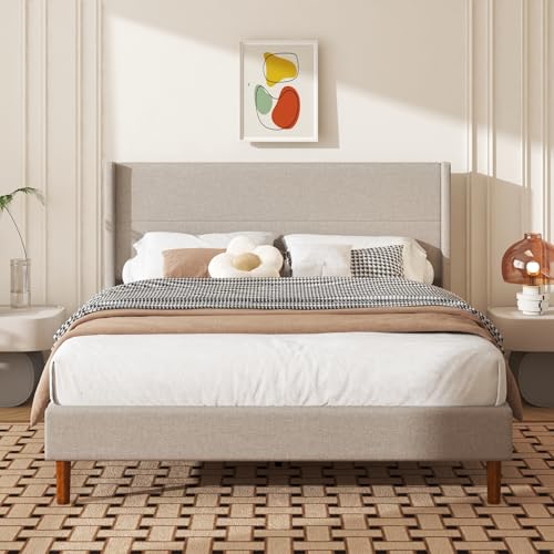 Queen Size Linen Platform Bed Frame with Wingback Upholstered Headboard