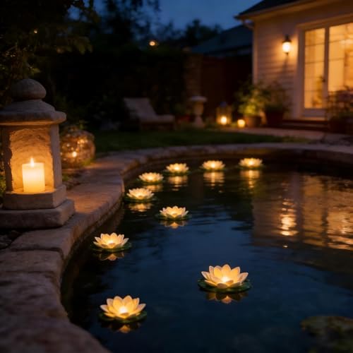 image for Scawim 12PCS Waterproof Floating Lotus Light, 5 Inch Floating Lily Flo