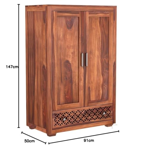 Image of Solid Sheesham Wood 2 Door Almirah /Wardrobe /Cupboard Cabinet with Storage of 1 Cabinet and 2 Drawers for Bedroom Home | (G-Hony)