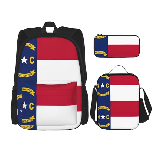 North Carolina State Flag Print 3 Piece Backpack Set, Laptop Daypack, Lightweight Bookbag Set With Lunch Bag Pencil Case