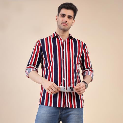 Image of Urban Scottish Men's Regular Fit Cotton Printed Shirt, Long Sleeve Button Down Collared, Soft Breathable Fabric, Stylish Everyday Wear Casual Shirt for Mens - Red & Navy