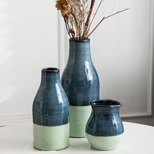 Kendiis Ceramic Vase Set 3, Blue and Green Pottery Vases for Home Decor, Two Tone Decorative Clay Vases for Dried Flower, Pampass Grass, Colored Vase for Entryway and Living Room, Centerpiece Table