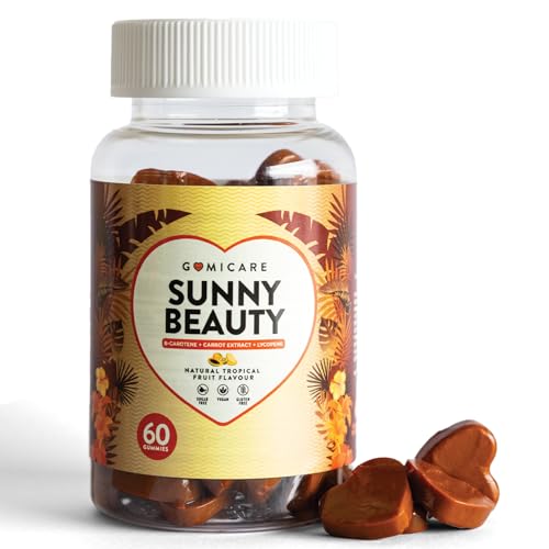 GOMICARE - Gominolas bronceadores - Betacaroteno + Astaxantina + Luteina + Licopeno + Cobre - Protege la Piel y Acelera el Bronceado - 60u - Sin Azúcar - Sin Gluten