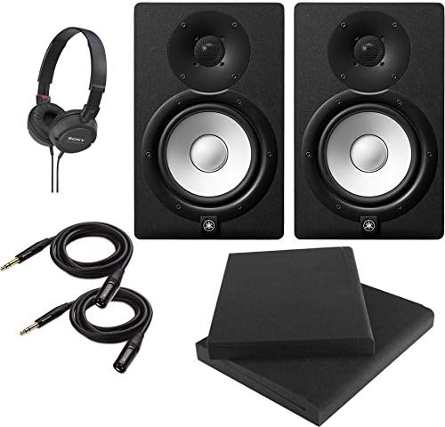 Yamaha HS7 7-Inch Powered Studio Monitor Speaker Black (Pair) with Professional Compact Closed Back Headphones, High Density Studio Monitor Isolation Pads (Pair) and 2 x 10-Foot TRS to XLR Cables