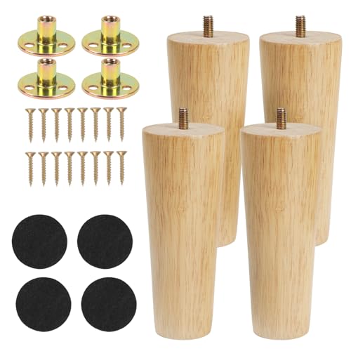 Luabue 6 inch Wooden Furniture Legs 15cm Sofa Feet Chair Leg Set of 4 Solid Rubber Wood Bed Cabinet Legs, Straight Cone Furniture Feet with Non-Slip Floor Protection Pads & Screws