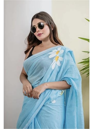 Image of Lilan Cotton Saree with White Daisy Floral Prints Tassel Pallu Lightweight Summer Saree