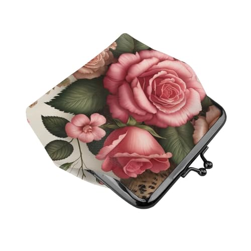 Pu Leather Buckle Coin Purse Roses-Leopard-Floral Girls Kiss-Lock Change Purse Wallets3