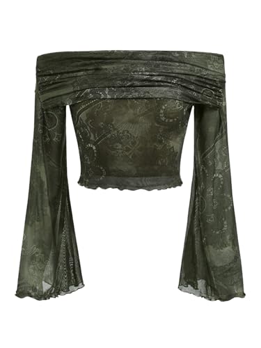 GORGLITTER Y2K Crop - Camiseta de manga larga para mujer, con hombros descubiertos, para festival, gótico, malla, con mangas de trompeta, Verde militar., XS