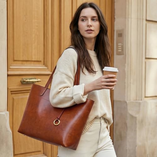 Image of Kattee Vintage Genuine Leather Work Tote for Women | Spacious interior with a zip compartment for organized work, travel, and everyday essentials.