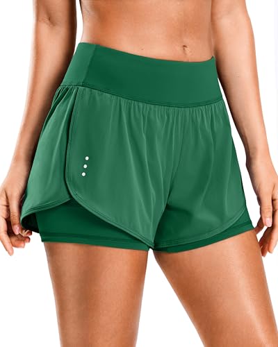Soothfeel Women's Running Shorts with Zipper Pocket 2 in 1 High Wasited Workout Athletic Gym Yoga Spandex Shorts for Women (Green, S)