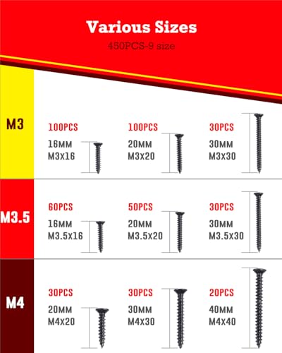 YOOPIN Schrauben Set 450 Stück, M3 M3.5 M5 Holzschrauben Set, Kohlenstoffstahl Schwarz Schrauben, Senkkopf Selbstschneidende Schrauben, Schnellbauschrauben, Gipskarton Schrauben für Reparatur