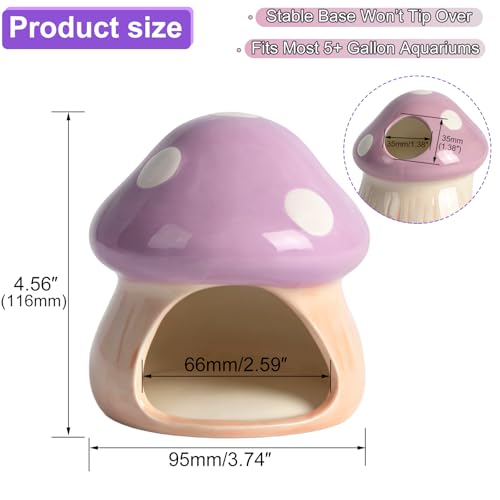 Image of Ceramics Mushroom House Aquarium Decor - Axolotl & Betta Hiding Cave with Breeding Spot for Betta Fish, Shrimp, Small Fish & Goldfish Tank Ornament - Purple