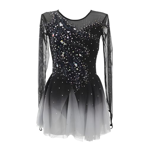 Girls Long Sleeve Shiny Figure Skating Dress for Competition, Customizable Women's Flexible Ice Skating Dresses(XXXS) Black