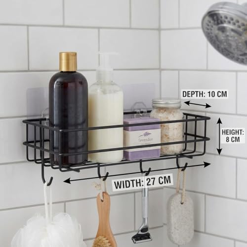 Image of Bindian Self-Adhesive Bathroom Shelf with Hooks, Pack of 2 | No-Drill Wall Mounted Shower Caddy Organizer | Rustproof Bathroom Storage Rack for Shampoo, Soap & Toiletries | Space Saving Adhesive Shelf