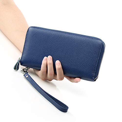Moflycom Womens Wallet Rfid Blocking Genuine Leather Zip Around Wallet Clutch Wristlet Travel Long Purse For Women Blue #TOP4