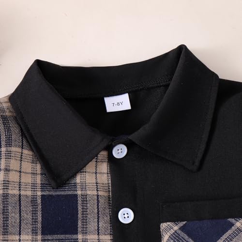 Image of Boy Clothes Fall Winter Outfits Long Sleeve Plaid Patchwork Button Down Shirt + Casual Pocket Sweatpants 5-14 Years