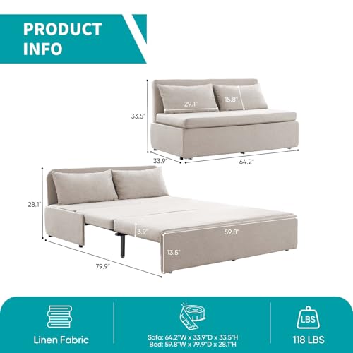 Image of BALUS 64 inch W Queen Size Pull Out Sleeper Sofa Bed Couch with Pullout Bed, 2 in 1 Convertible Linen Loveseat Sofa Sleepers with Pillows and Tri-fold Mattress for Small Space Loft Home Office, Beige