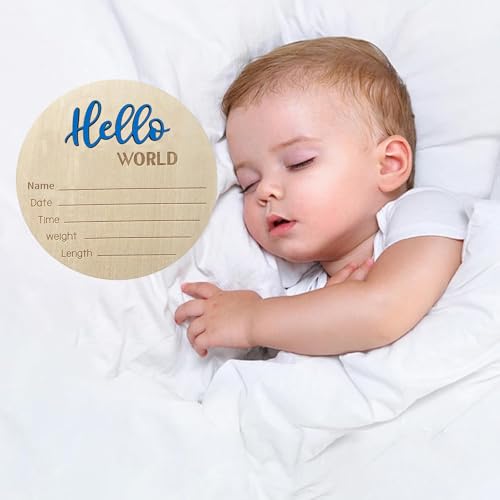 Image of Baby Announcement Sign, ​5.9 Inch Wooden Hello World Newborn Signs, Birth Announcement Sign, Baby Shower Hospital Nursery for Newborn Boys and Girls (Blue,Pen)