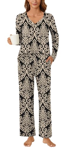 Bestbee Womens Pajama Set, 2 Piece Lounge Outfits V Neck Sleepwear Long Sleeve With Pockets Ladies Ladies Pjs, L, Floral Khaki-black