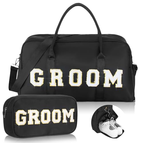 2 Pcs Wedding Weekender Bag Bride Groom Duffle Bag Chenille Letter Patch Travel Bag for Bridal Shower Honeymoon Gift(GROOM)