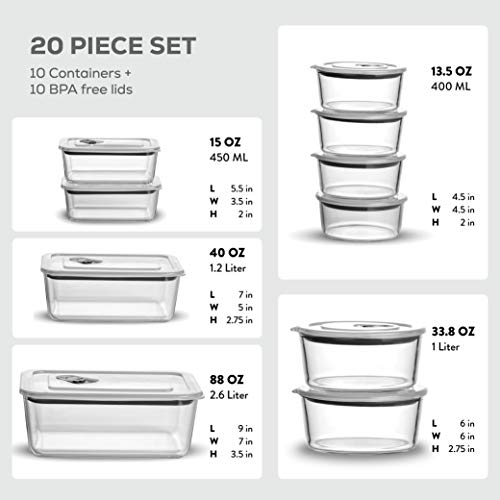 Finedine 20-Piece Glass Food Storage Container Set - 100% Leakproof, Bpa-Free, And Oven Safe - Perfect For Meal Prep And On-The-Go (Grey) #TOP6