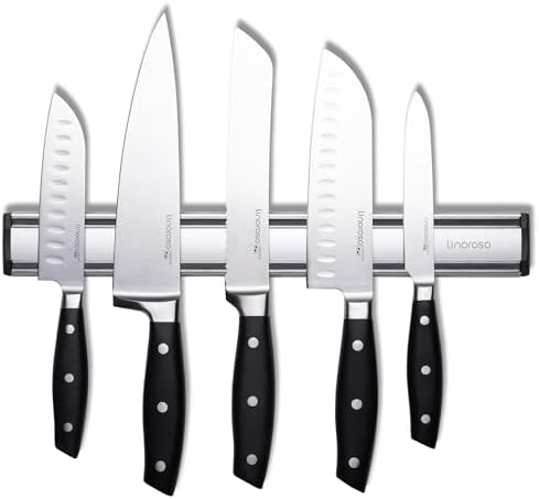 linoroso 5 Pcs Knife Set with Magnetic Knife Strip, Sharp High Carbon Stainless Steel Kitchen Knife Set for Cutting, Chopping & Slicing, Chef Knives Set with Magnetic Knife Holder for Wall