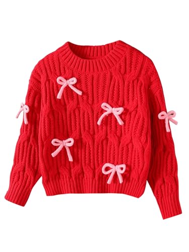 Floerns Toddler Girl's Cute 3D Bow Decor Long Sleeve Sweater Cable Knit Pullover Top - Main Image