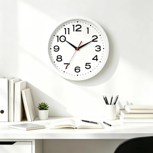 Image of Roymnie 10 Inch Wall Clock, Battery Operated Silent Non Ticking White | analog wall clock; bold numerals for easy reading; silent non-ticking; 1 AA battery (not included); for classroom