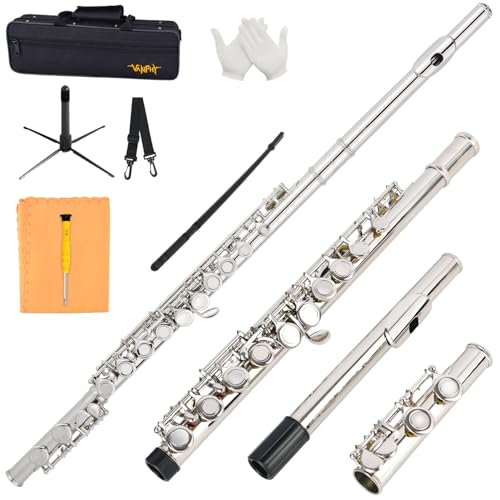 VANPHY Closed Hole C Flute 16 Keys Nickel-Plated Flutes For Beginners Student Flute Instrument With Case Stand Gloves Tuning Rod (Silver)
