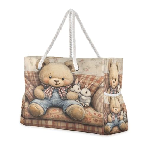 Teddy Bear Wearing Scarf Beach Bag & Travel Tote Bag Large Sandproof with Zipper Closure, Wet Pouch for Swim Gym Travel, Lightweight Foldable Outdoor Bag
