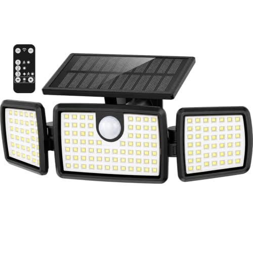 MIHANI Solar Flood Lights Outdoor, Motion Sensor 270°Wide Angle, 1 Pack | 3 Heads Motion Sensor 270° Wide Angle Flood Wall 2500LM 3 Smart Lighting Modes IP65 Waterproof Remote Control